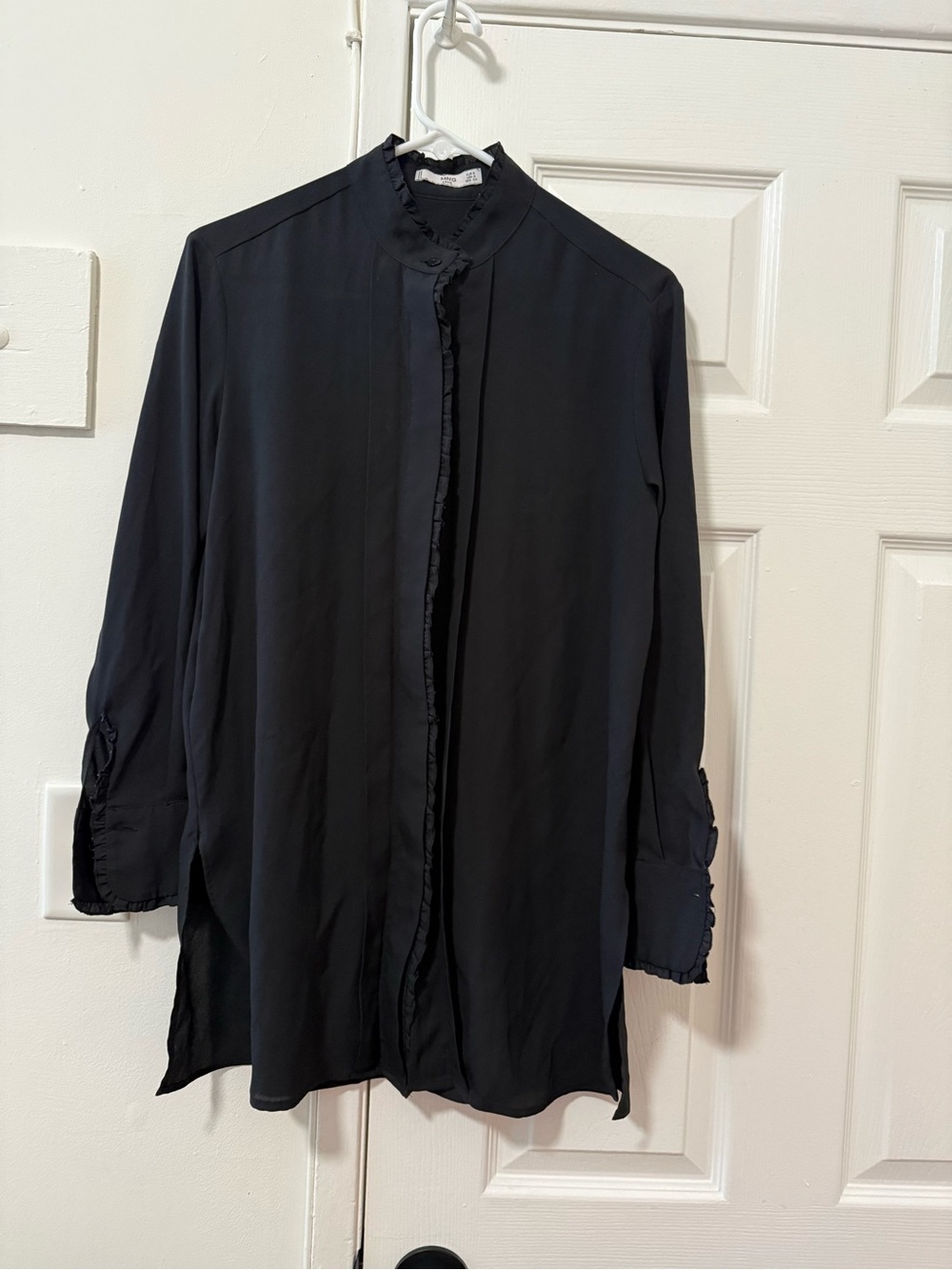 Mango Black Lightweight Ruffle-Trim Shirt Jacket
